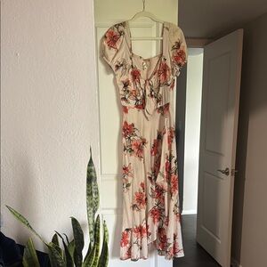 Red and Pink Maxi Sundress with Puff Sleeves for Weddings
